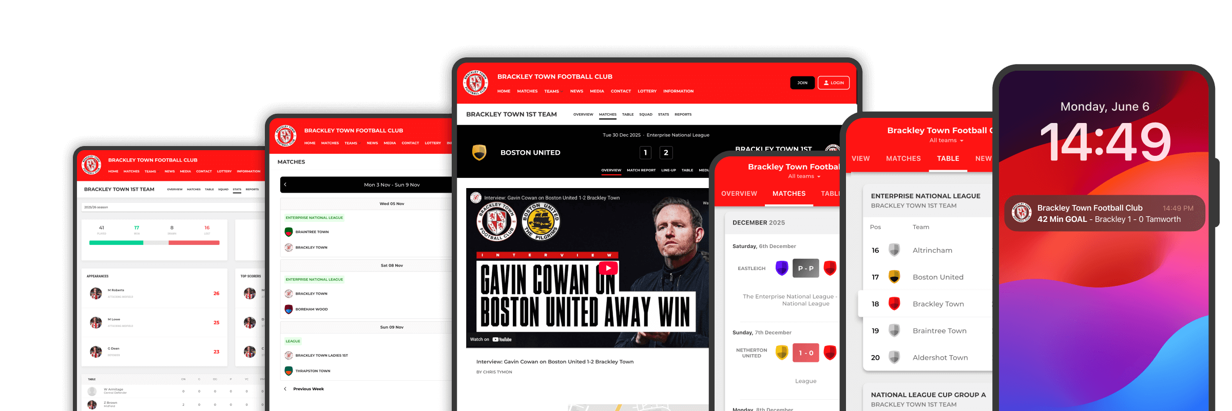 Pitchero competitions tools displayed across multiple devices including desktop, tablet and mobile