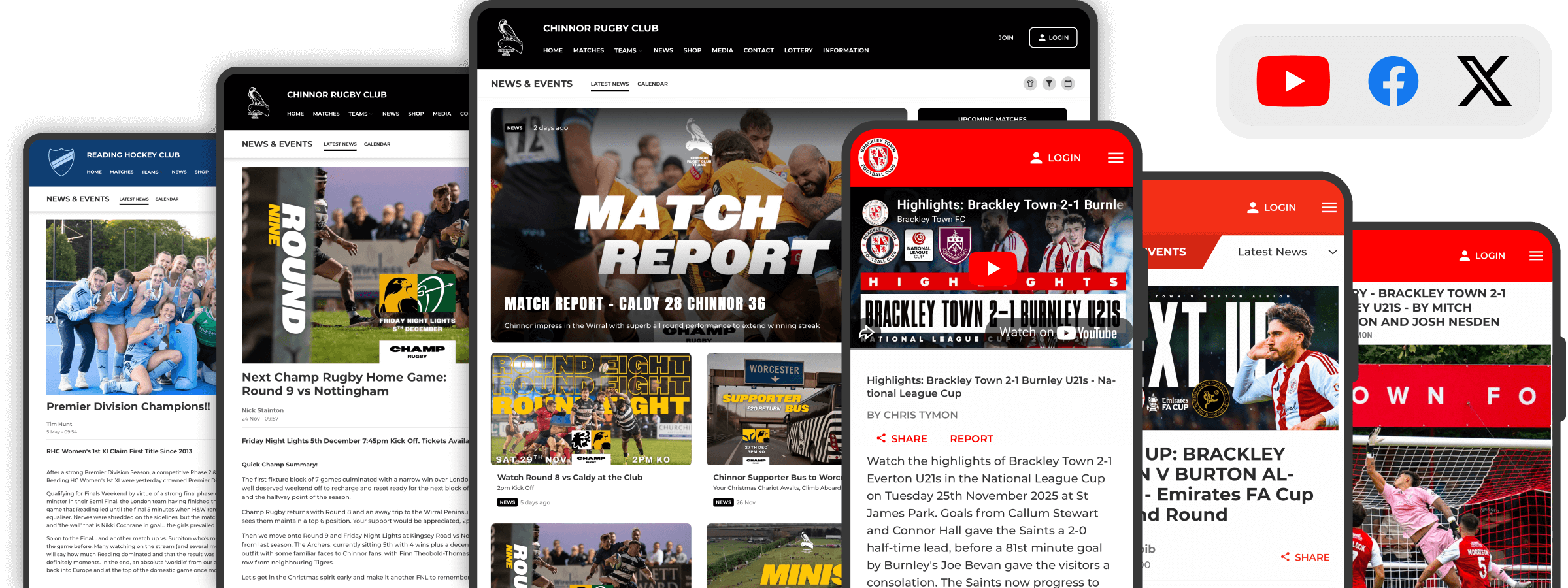 Pitchero content tools displayed across multiple devices including desktop, tablet and mobile