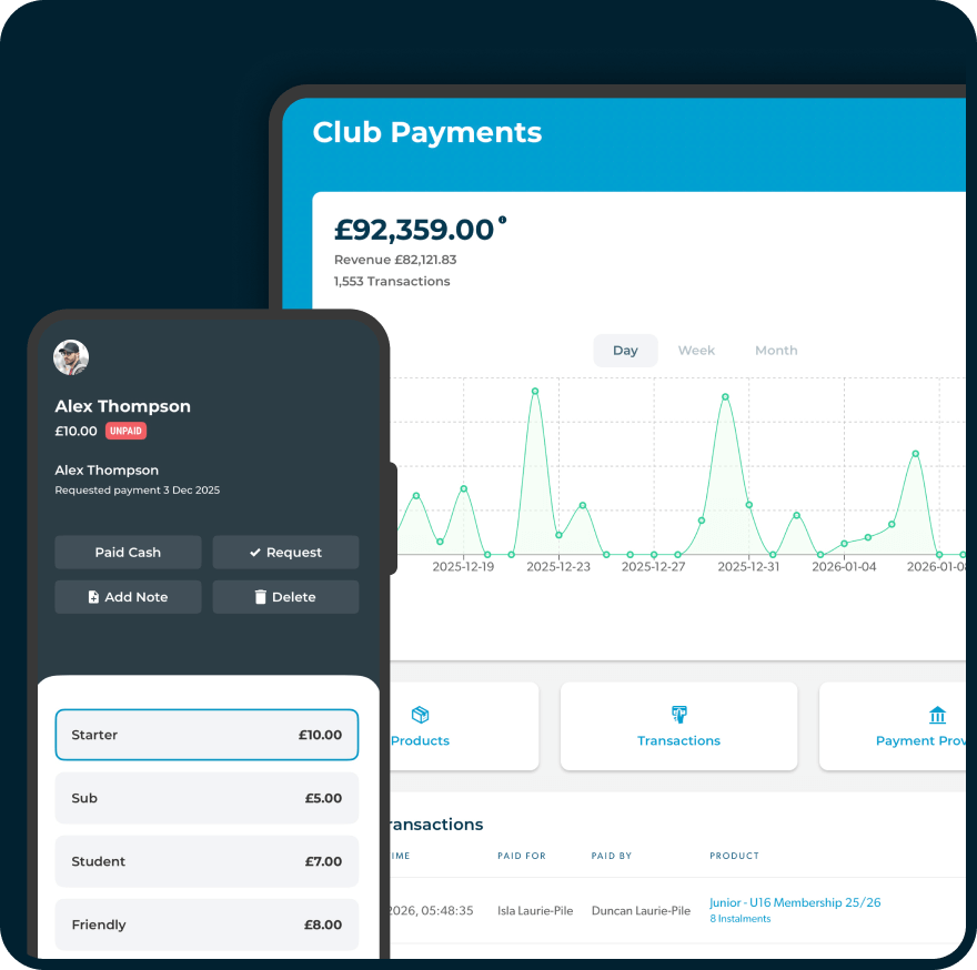 Pitchero payment tools displayed on multiple devices