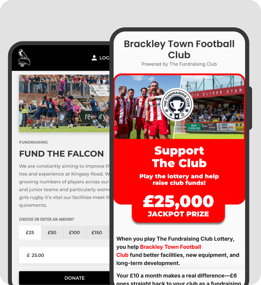 Pitchero fundraising tools displayed across multiple devices including desktop, tablet and mobile