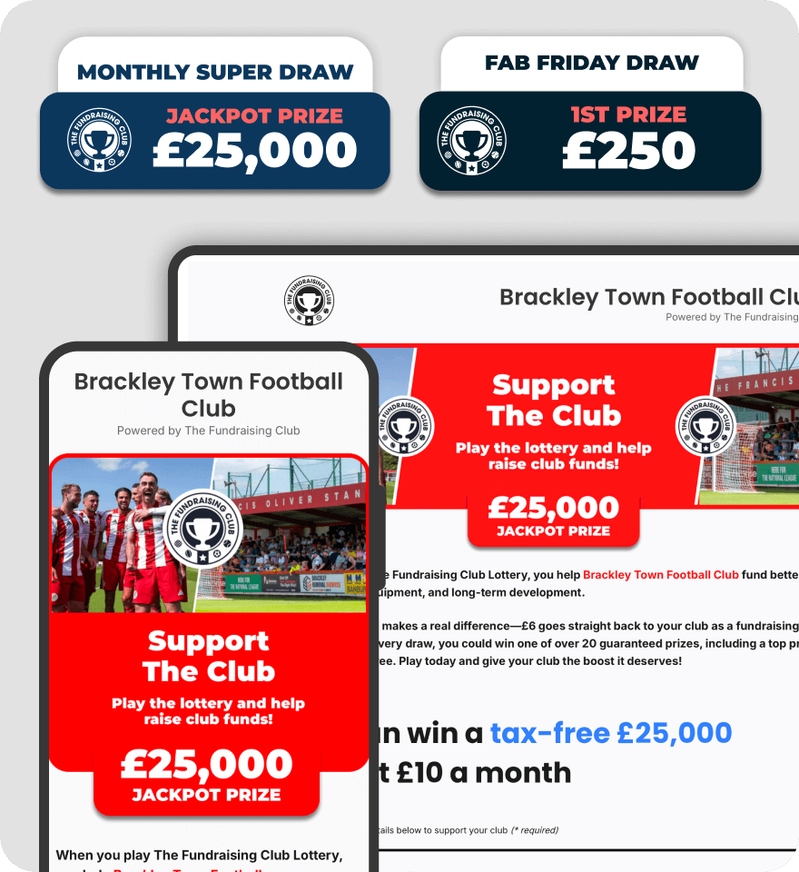Pitchero lottery tools displayed across multiple devices including desktop, tablet and mobile
