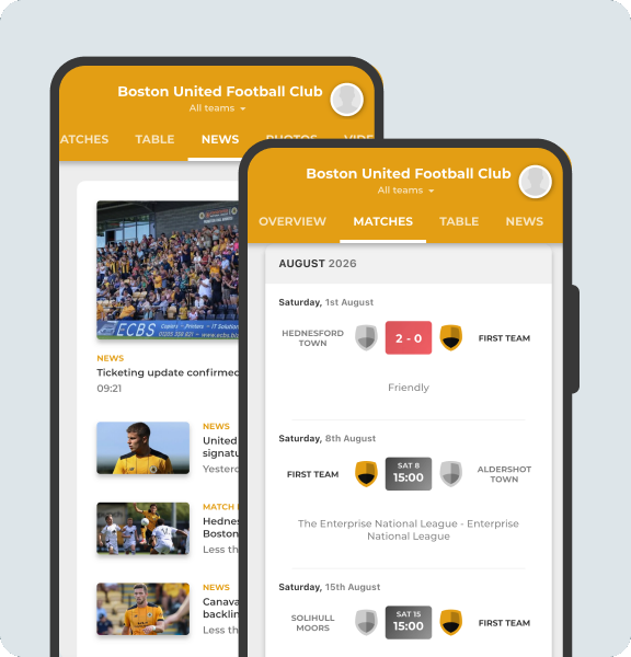Boston United Football Club app screens shown on two phones