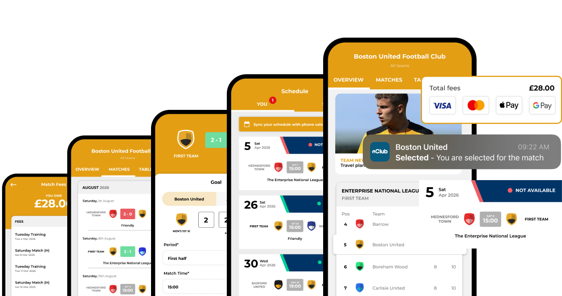 Pitchero Club App screens showing match fees, schedules, fixtures and payments