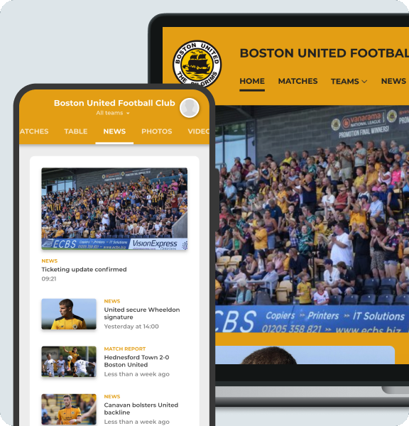 Boston United Football Club website and app displayed on a MacBook and mobile phone