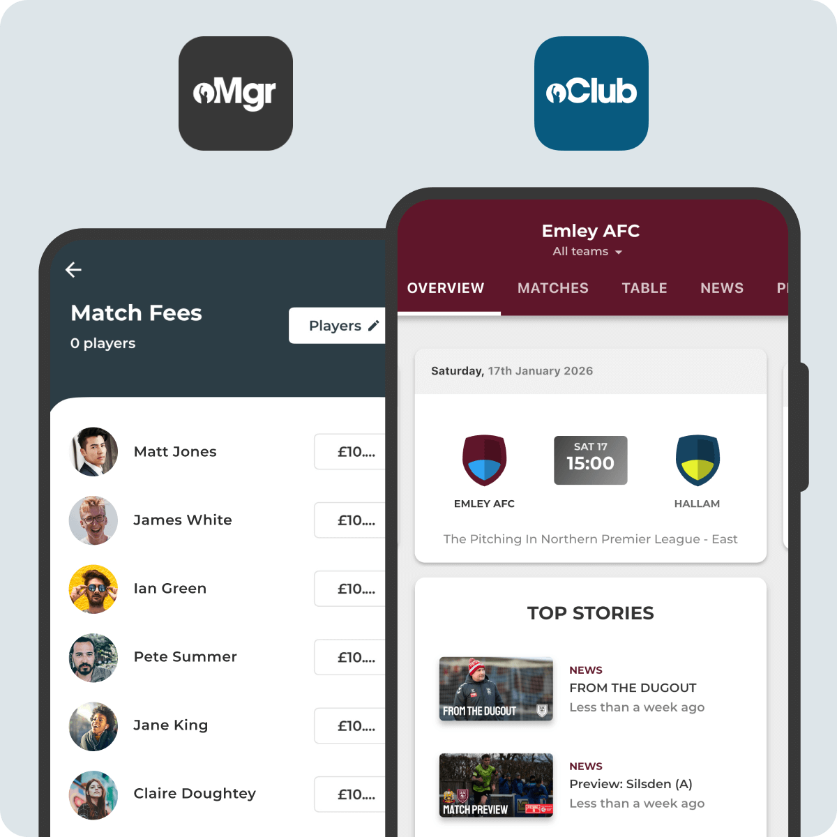 Pitchero team management tools displayed on desktop and mobile devices showing club website