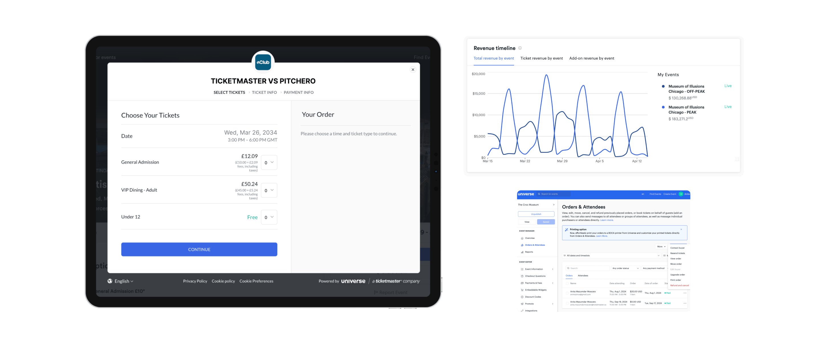 Ticketmaster app screens and features displayed across multiple devices