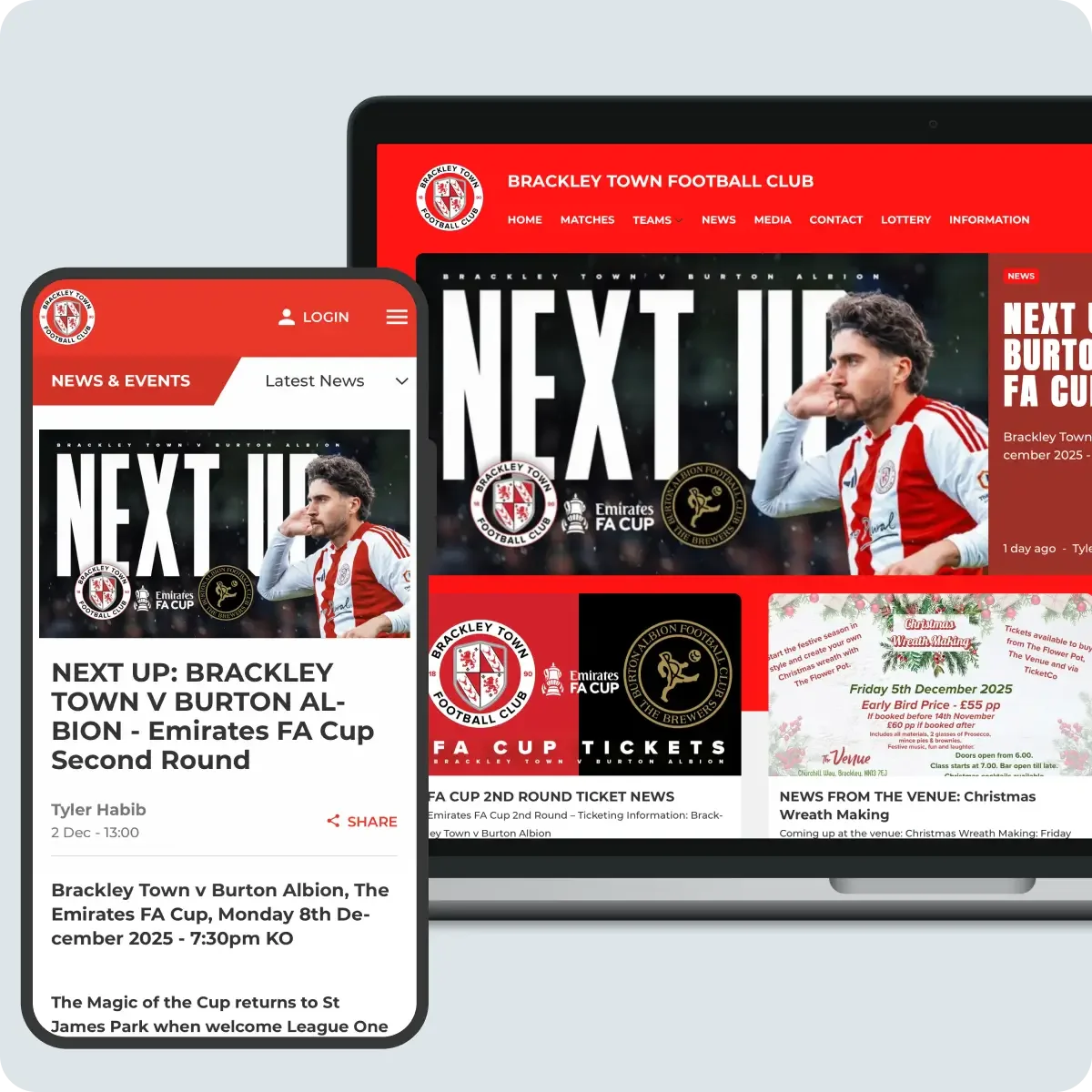 Pitchero platform displayed on desktop and mobile devices showing club website