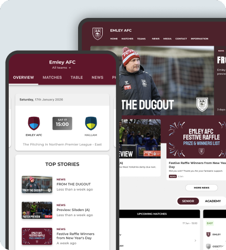 Pitchero club website shown across several clubs' desktop and tablet screens