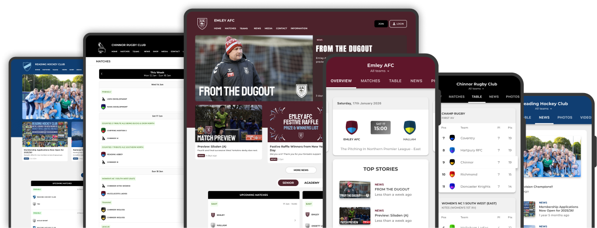 Pitchero club website shown across several clubs' desktop and tablet screens