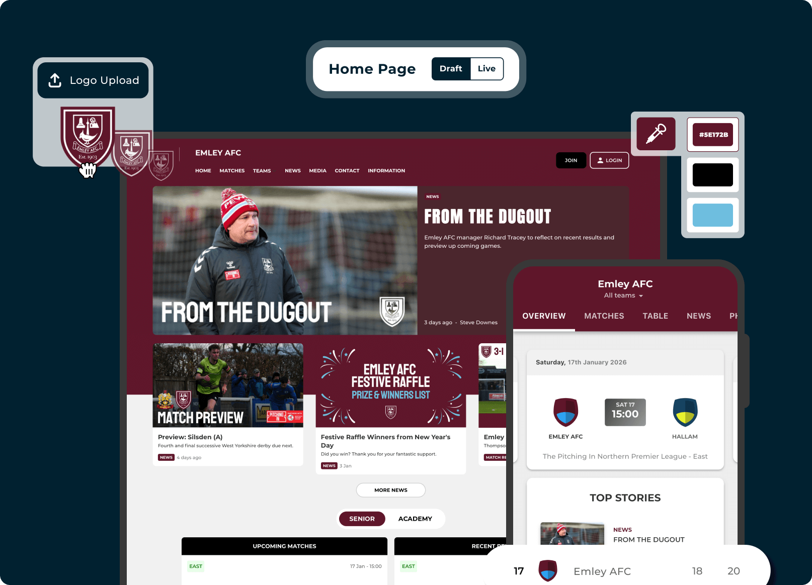 Pitchero website and app interface on laptop and mobile devices